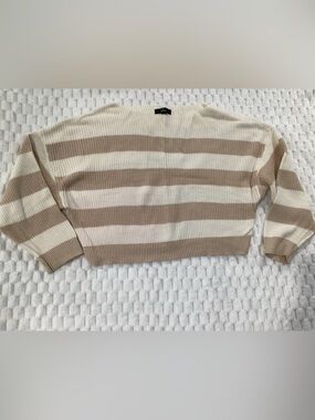 Lulu's Neutral Striped Crewneck Sweater in Cream & Beige crop top size small #39